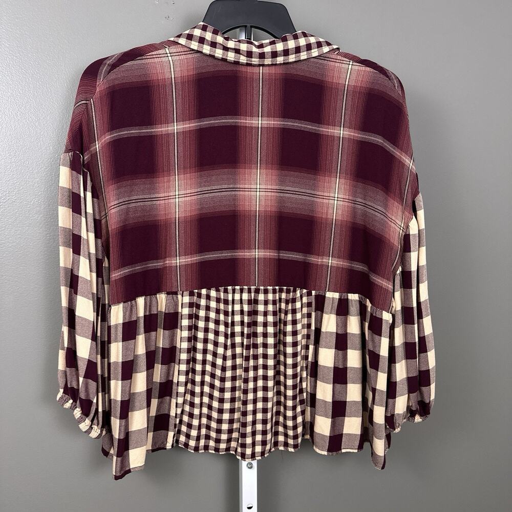 Cato Womens XL Rayon Plaid Babydoll Blouse Empire Waist Burgundy Boho Top - Picture 6 of 8